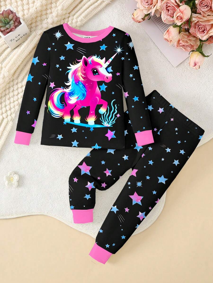 2 件套幼儿女童可爱独角兽印花彩色星星亮灯圆领针织睡衣套装，舒适休闲紧身长袖上衣和裤子，黑色 - 彩色 - 查看 1