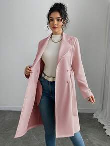 SHEIN PETITE Christmas Women's Elegant Solid Color Faux Suede Mid-Length Regular Jacket Long Coat