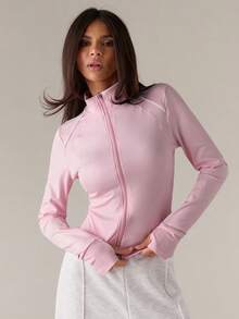 SHEIN BAE Sporty Chic Contrast Color Zip Up Fitted Yoga Jacket, Elegant Design For Workout, Daily Life & Casual Wear - Baby Pink - View 5