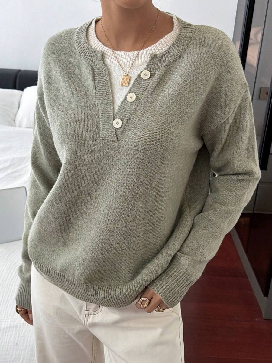 DAZY Casual Color Block Henley Neck Pullover, Soft Knit 2 In 1 Sweater For Women - Army Green - View 1