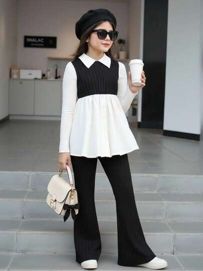 Tween Girls Casual Striped Long Sleeve Shirt And Flare Elastic Waist Pants 2pcs Set, Suitable For Autumn/Winter