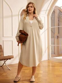 EMERY ROSE Đầm suông dài tay cổ bẻ màu trơn cỡ lớn dành cho nữ - Màu Khaki - Xem 6