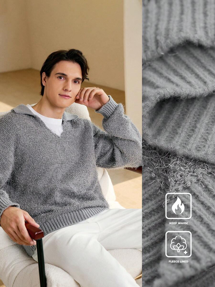 RONVEXI Suéter masculino de lã quente de cor sólida e manga comprida, moderno para outono/inverno - Cinza - Ver 1