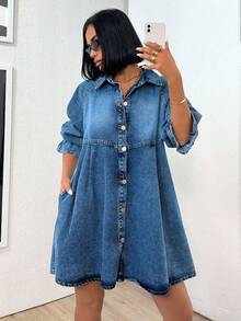EURMUSE Fashionable Washed Front Button Denim Dress, Autumn - Blue - View 3
