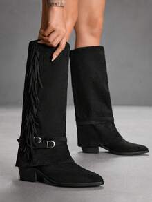 CUCCOO SZL 新款时尚性感尖头流苏高筒黑色靴子，个性优雅及膝靴，秋冬修身百搭舒适时尚靴子 - 黑色 - 查看 1