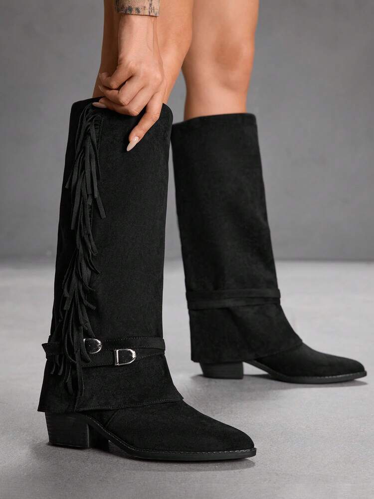 CUCCOO SZL New Fashionable Sexy Pointed Toe Fringe Tall Black Boots, Personalized Elegant Knee-High Boots, Autumn/Winter Slimming Versatile Comfortable Stylish Boots