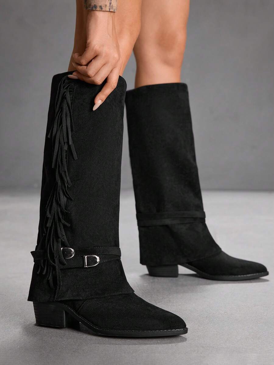 CUCCOO SZL 新款时尚性感尖头流苏高筒黑色靴子，个性优雅及膝靴，秋冬修身百搭舒适时尚靴子 - 黑色 - 查看 1