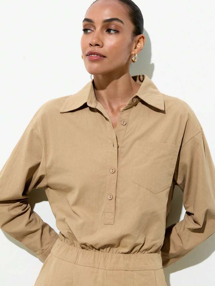 SHEIN Maija Women's Solid Color Long Sleeve Button Half Placket Pocket Casual Shirt Dress Thanksgiving Outfits For Women