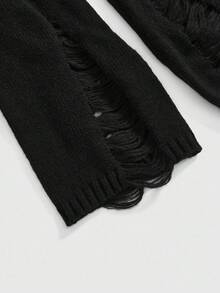 ROMWE Goth Plus Size Women Punk Distressed Ankh Cross Embroidery Off Shoulder Fitted Sweater - Black - View 5