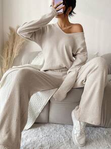 EURMUSE Women V-Neck Drop Shoulder Long Sleeve Top And Pants 2 Pieces Set, Casual - Mocha Brown - View 3