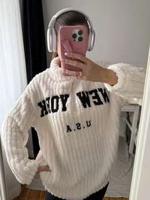 SHEIN EZwear 2pcs/Set Women Letter Print Zip-Up Fleece Sweatshirt And Pants