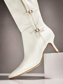 SHUZIA Women's Glamorous Pointy Toe Stiletto Heel Knee Buckled Straps Knee High Boots For Christmas - White - View 7