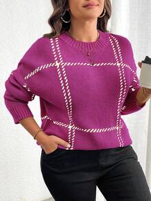 Elenzga Plus Size Casual Plaid Drop Shoulder Loose Knit Sweater, Autumn/Winter - Red Violet - View 3