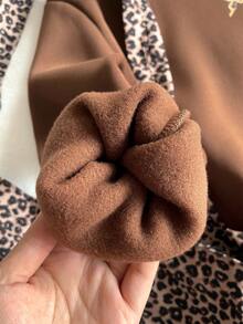 Tween Girl Casual Street Leopard Fluffy Hat, Five-Pointed Star & Leopard Print Pattern, Suitable For Street Style, Hooded Sweatshirt - Brown - View 5