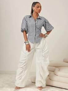Vixey Blusa de manga larga con cuello y botones con lazo en la espalda - Blanco y Negro - Ver 3