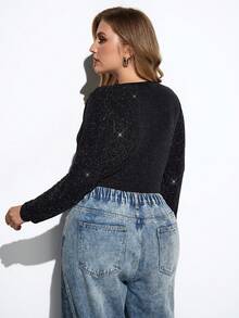 Maija Plus Size Women's Black Sequin V-Neck Bodysuit Bodysuit Plus Size Sequin Plus Size Tops Plus Size Plus Size Sweater Plus Size Jumper - Black - View 5