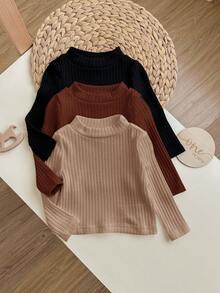3pcs/Set Baby Girl Cute Solid Color Elastic Long Sleeve Knit Base Layer Tops, Autumn/Winter - Multicolor - View 4