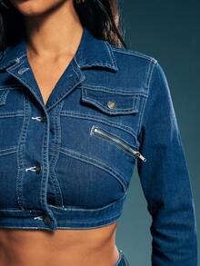 Denimoi Áo khoác denim dài tay đơn sắc tối giản hàng ngày dành cho nữ - Rửa tối - Xem 6