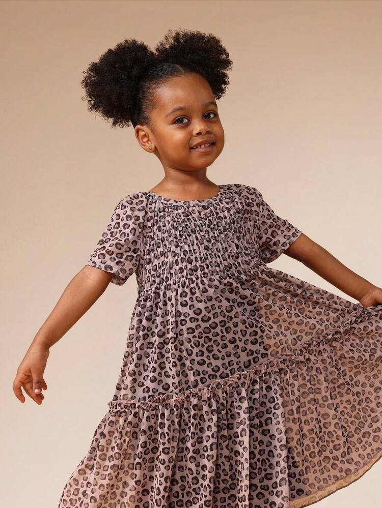 Leopard Print Mesh Dress With Elastic Waist