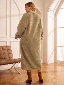 Rosumi Lässiges, einfarbiges Große Größen-Kleid mit Drop Shoulder und lockerer Passform, Herbst-/Winterkleidung für Damen, gemütliche Herbst- und Winterkleidung für Damen, Silvesterkleidung, braunes Kleid - Braun - Übersicht 3