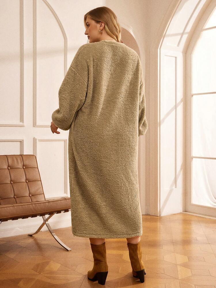 Plus Size Casual Solid Color Drop Shoulder Loose Fit Dress, Autumn/Winter Winter Clothes For Women Cozy Fall And Winter Clothes For Women New Year Clothes  Clothes For New Year Brown Dress