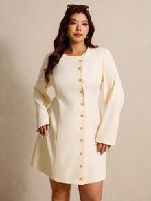 Elaquor Plus Size Solid Color Metal Buckle Decor Round Neck Long Sleeve Dress