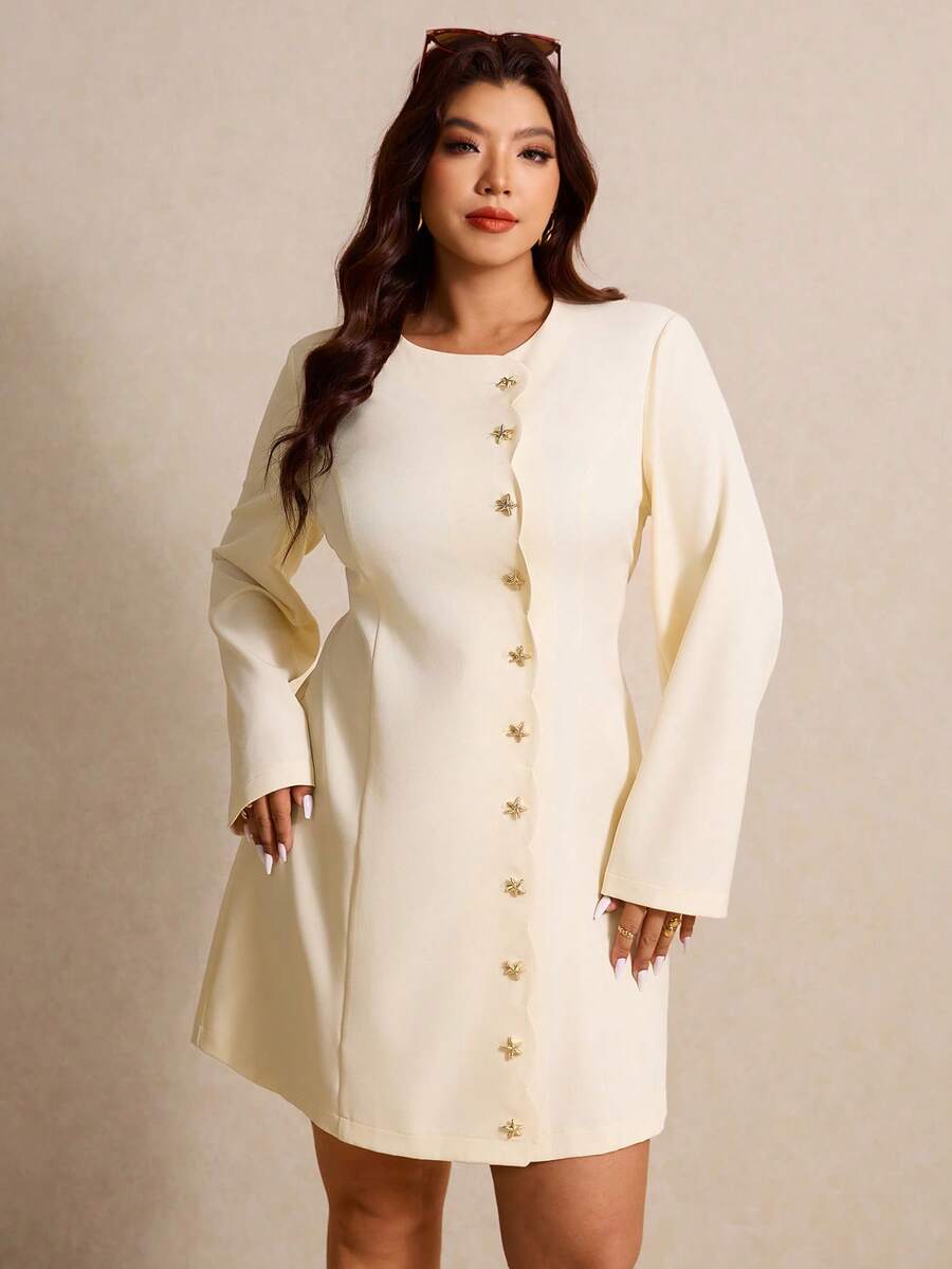 Elaquor Plus Size Solid Color Metal Buckle Decor Round Neck Long Sleeve Dress