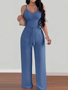 INAWLY Floral Print Sleeveless Elastic Waist Tie Front Wide Leg Women Jumpsuit - Dusty Blue - View 2