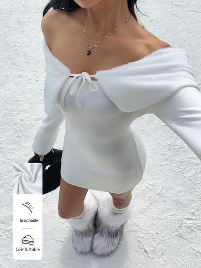 FavEase 1 件女士白色派对/圣诞节/情人节连衣裙，人造毛领，保暖面料，休闲