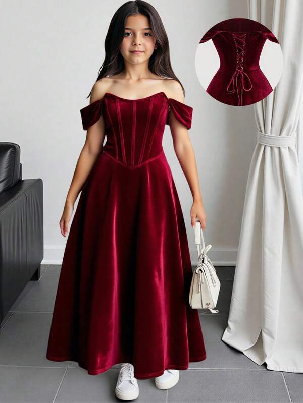 Firerie Kids Vestido maxi para niñas preadolescentes con hombros descubiertos y cintura de bandeau, elegante para fiestas, ceremonias, noches y vacaciones