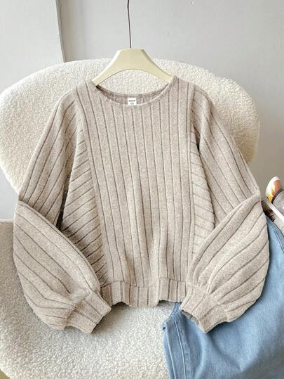 SHEIN 少女休闲纯色罗纹圆领宽松套头卫衣，百搭/宽松版型/返校/运动休闲/学院风/复古美式风格/连帽衫