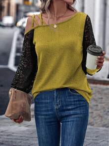 EMERY ROSE 女士撞色蕾丝斜肩长袖时尚衬衫 - 黃色 - 查看 4