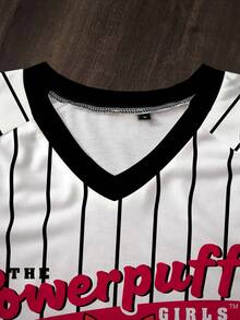 THE POWERPUFF GIRLS X SHEIN 女式条纹花朵、泡泡、毛茛花图案 V 领短袖 T 恤 - 白色 - 查看 3