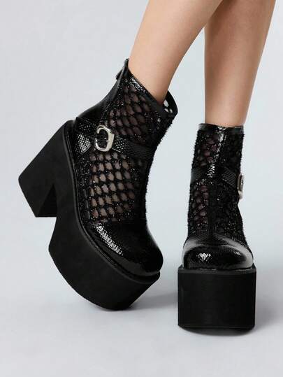 Goth Nuovi stivali alla caviglia di moda con motivo a pelle di serpente, in in rete con zip sul retro, adatti per Ognissanti