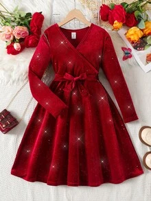 SHEIN Tween Girl Elegant V-Neck Long Sleeve Velvet Glitter Christmas Holiday Waist Cinched Midi Dress - Red - View 1