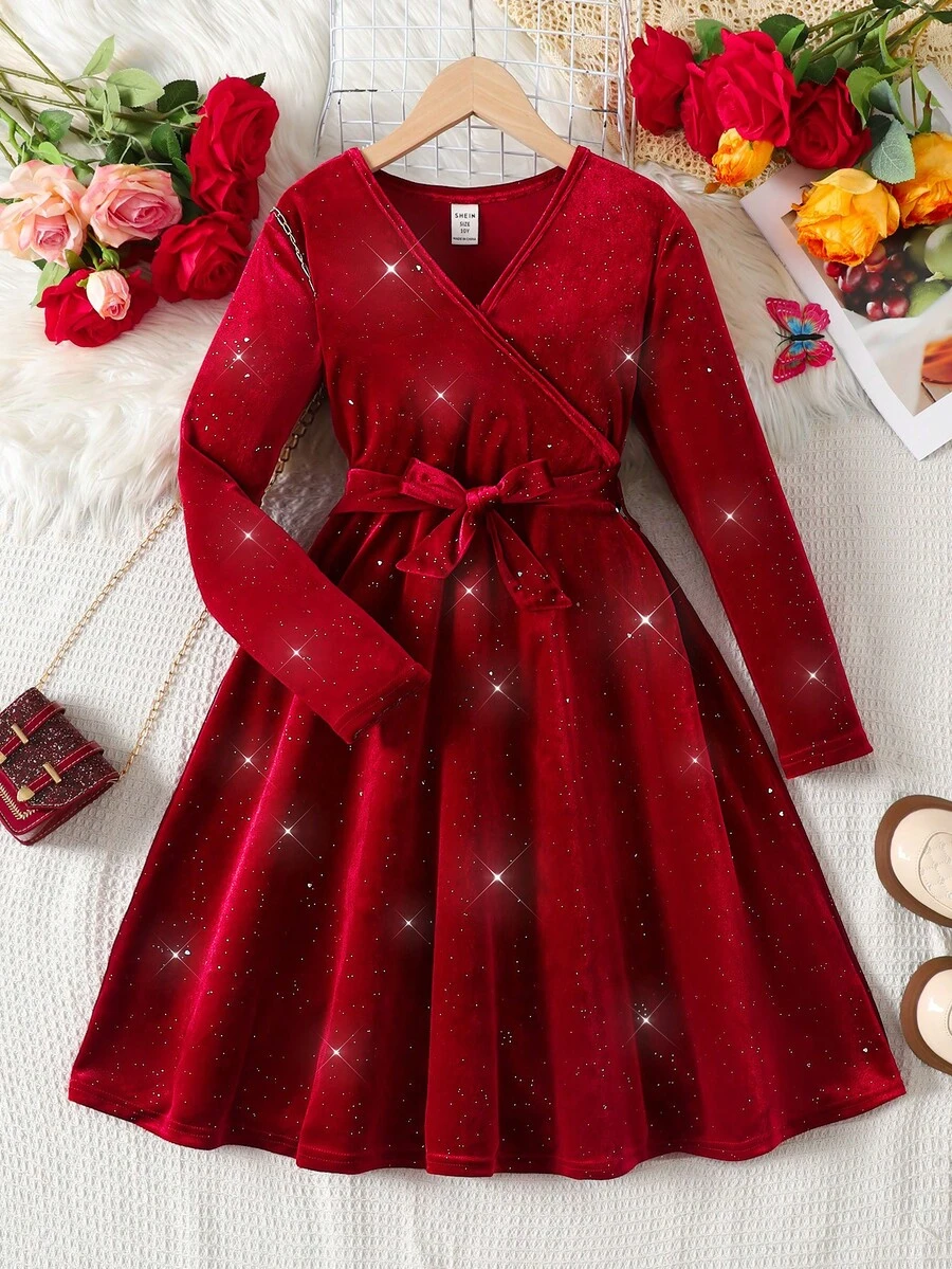 SHEIN Tween Girl Elegant V-Neck Long Sleeve Velvet Glitter Christmas Holiday Waist Cinched Midi Dress - Red - View 1