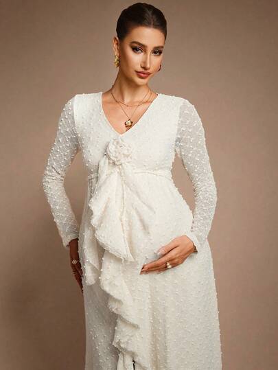 MaterniChic 孕妇V领3D花卉装饰拼布荷叶边下摆长袖优雅连衣裙