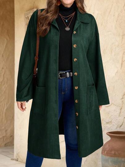 EMERY ROSE 大码乡村风女式灯芯绒双口袋纽扣门襟中长外套，秋季女式大码冬季外套，新年外出，2025新款，简约时尚，适合日常穿着，大码冬季外套，女士圣诞节外套，新年外套，约会之夜外套