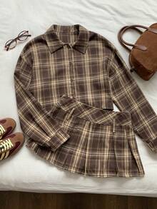 Comfortcana 女式格子简约休闲长袖衬衫和裙子两件套 - 彩色 - 查看 1