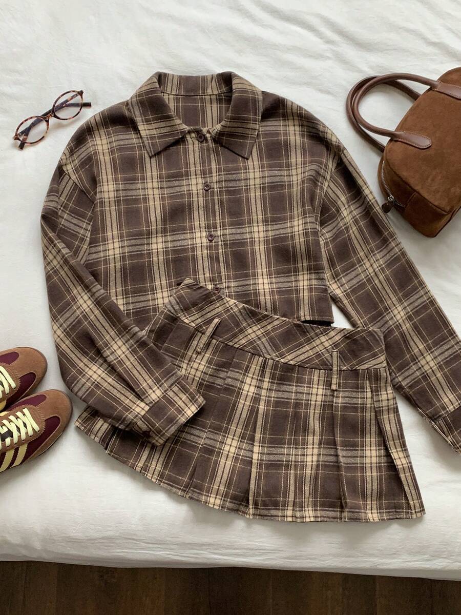 Comfortcana 女式格子简约休闲长袖衬衫和裙子两件套 - 彩色 - 查看 1