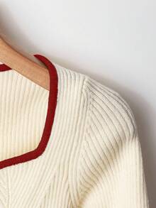 Franclia 法式优雅方领弹力修身长袖针织毛衣，撞色饰边可爱荷叶边套头衫，适合秋季返校日穿，荷叶边下摆针织上衣，适合秋冬 - 彩色 - 查看 4