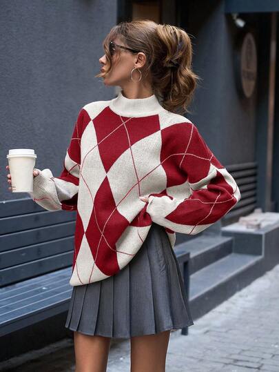 EURMUSE Women Mock Neck Diamond Pattern Drop Shoulder Pullover, Jumper, Red Christmas Jumper, Ladies Jumper, School Everyday Fall Casual Preppy