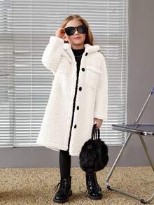 SHEIN 女童休闲珊瑚绒中长款翻领长袖夹克，适合冬季 - 白色 - 查看 6