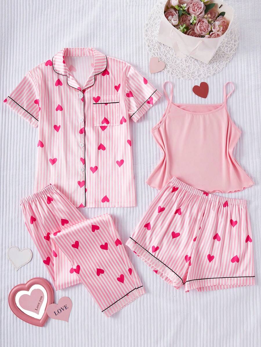4pcs Girls Pajama Set - Cute Heart & Striped Print Short Sleeve Cardigan, Camisole, Shorts & Long Pants, Casual Sleepwear - Multicolor - View 1