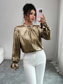 Elenzga Women's Elegant Commuter Gold Floral Lace Crew Neck Ruffle Pearl Button Decor Flare Sleeve Long Sleeve Slim Fit Blouse, Spring/Autumn - Gold - View 3