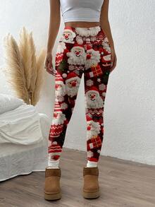 SHEIN EZwear 圣诞圣诞老人印花休闲针织紧身女式长款打底裤 - 彩色 - 查看 5