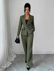 Elenzga 女士优雅通勤军绿色翻领仿口袋设计黑色纽扣装饰长袖修身西装外套 + 女士优雅通勤军绿色修身直筒裤 - 軍綠色 - 查看 3