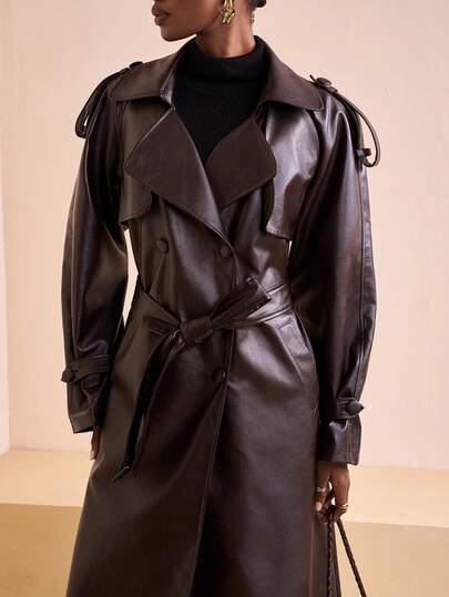 Zivah 2025秋冬新款华丽通勤优雅休闲棕色宽松PU风衣长款女式外套，适合锐舞派对、返校节、万圣节、圣诞节、商务休闲、教师、外出、约会、婚礼宾客、生日、早午餐、夜店等场合，性感迷人。