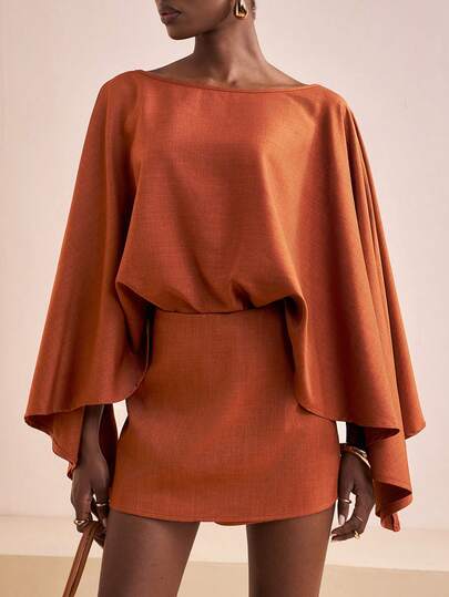 Zivah 2025 Autumn/Winter New Year, Valentine's Day, Party, Banquet, Date, Birthday Party, College Style, Student, Daily Wear, Basic Versatile, Casual, Cruise Travel, Viral Hit, Elegant, Commute, Business Casual, Minimalist Brown Long Sleeve Top + Mini Skort 2 Pieces Set For Women