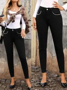 SHEIN LUNE Women's Rhinestone Decor Pocket Skinny Casual Jeans - Black - View 1